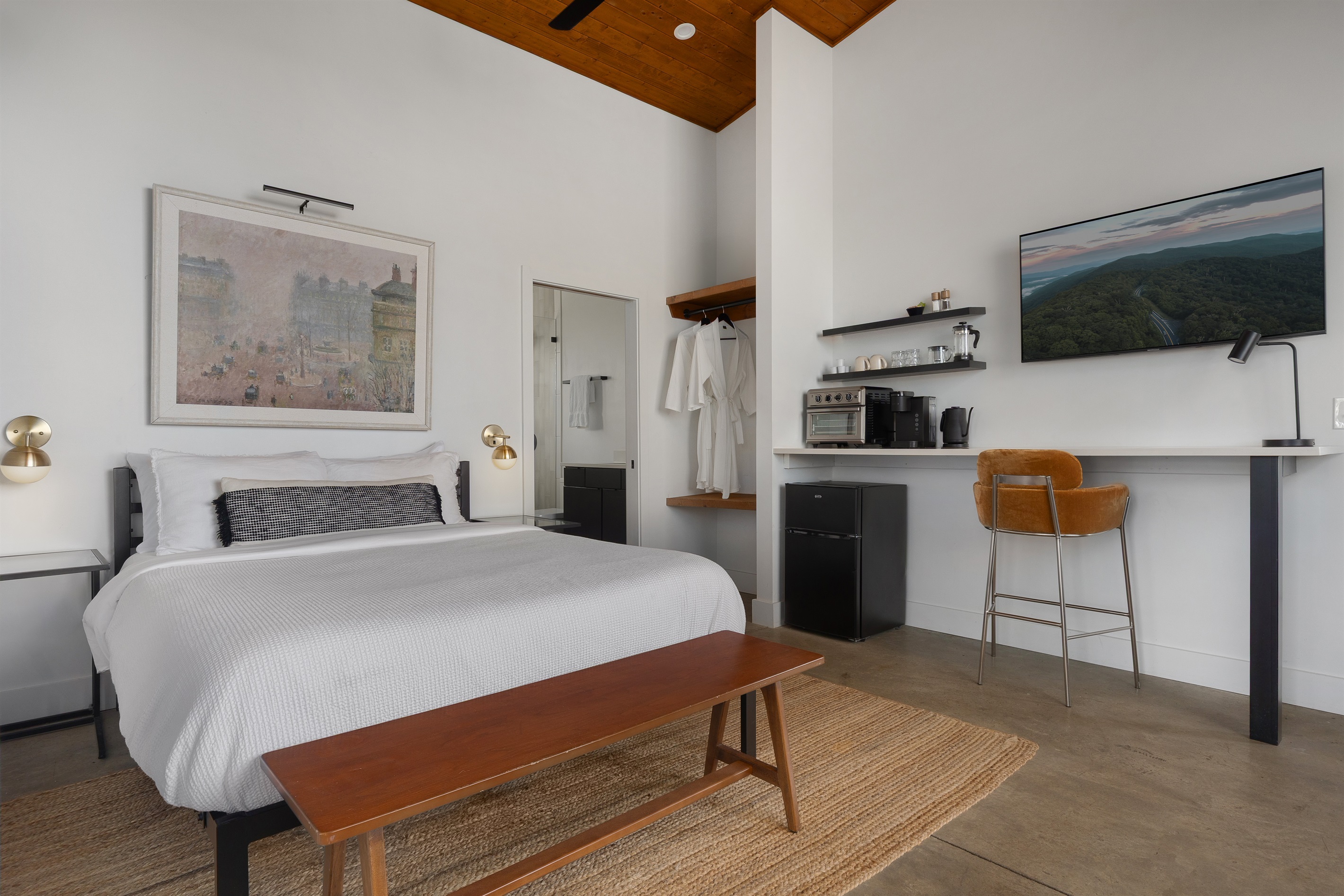 {Casita Bedroom - Glass House} A private studio-style suite with a king bed, ensuite bath, workspace, and a full coffee + kitchenette setup for ultimate comfort.