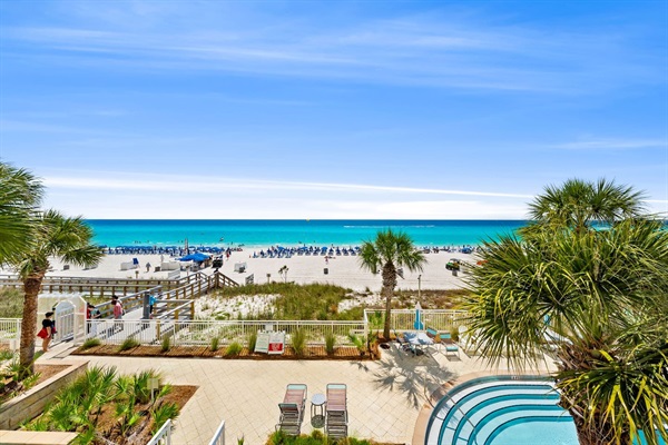 View of new beach boardwalk, shower tower, & ocean