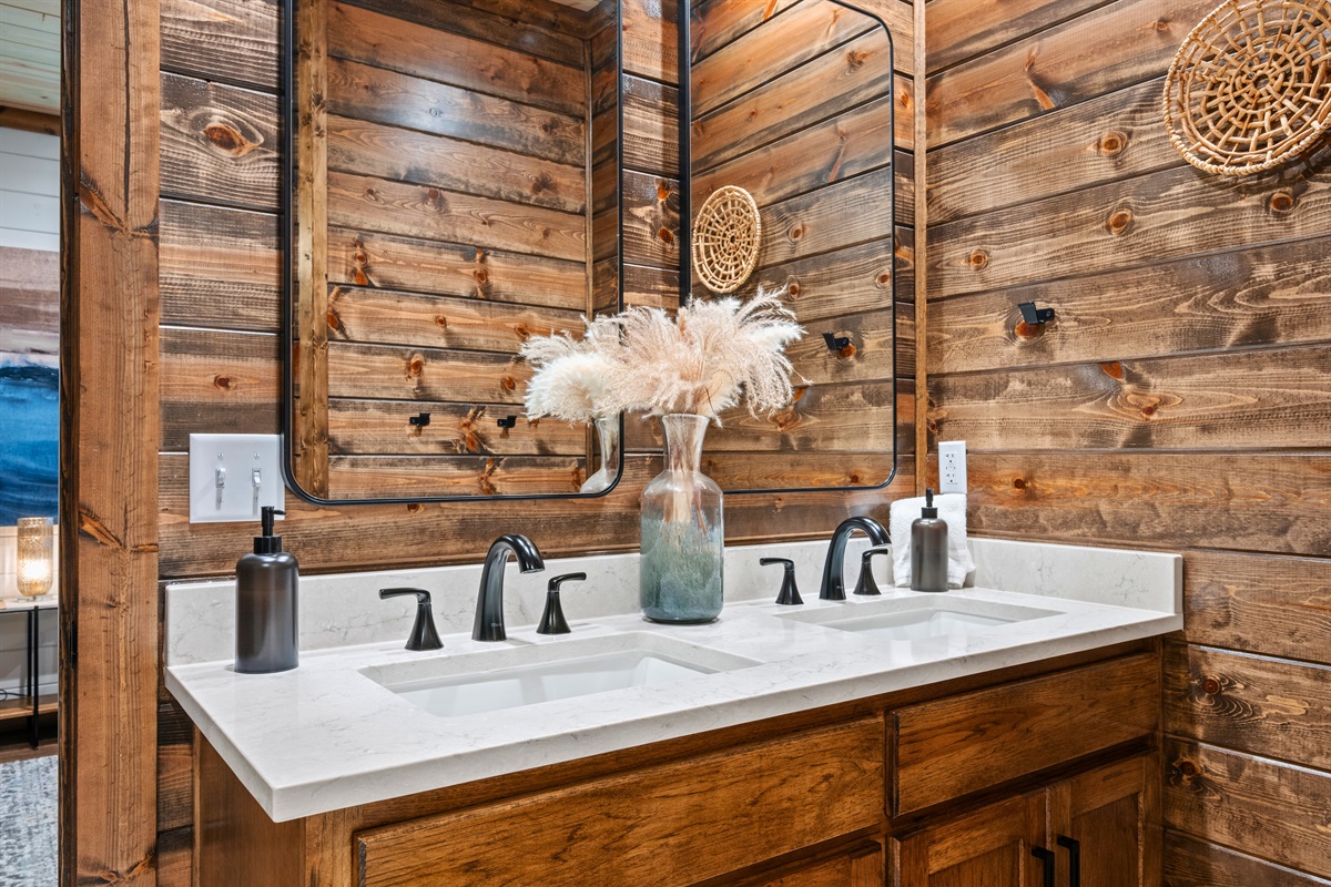 Having a double-sink vanity is such a bonus, especially for groups, because everyone gets their own space to spread out and get ready.