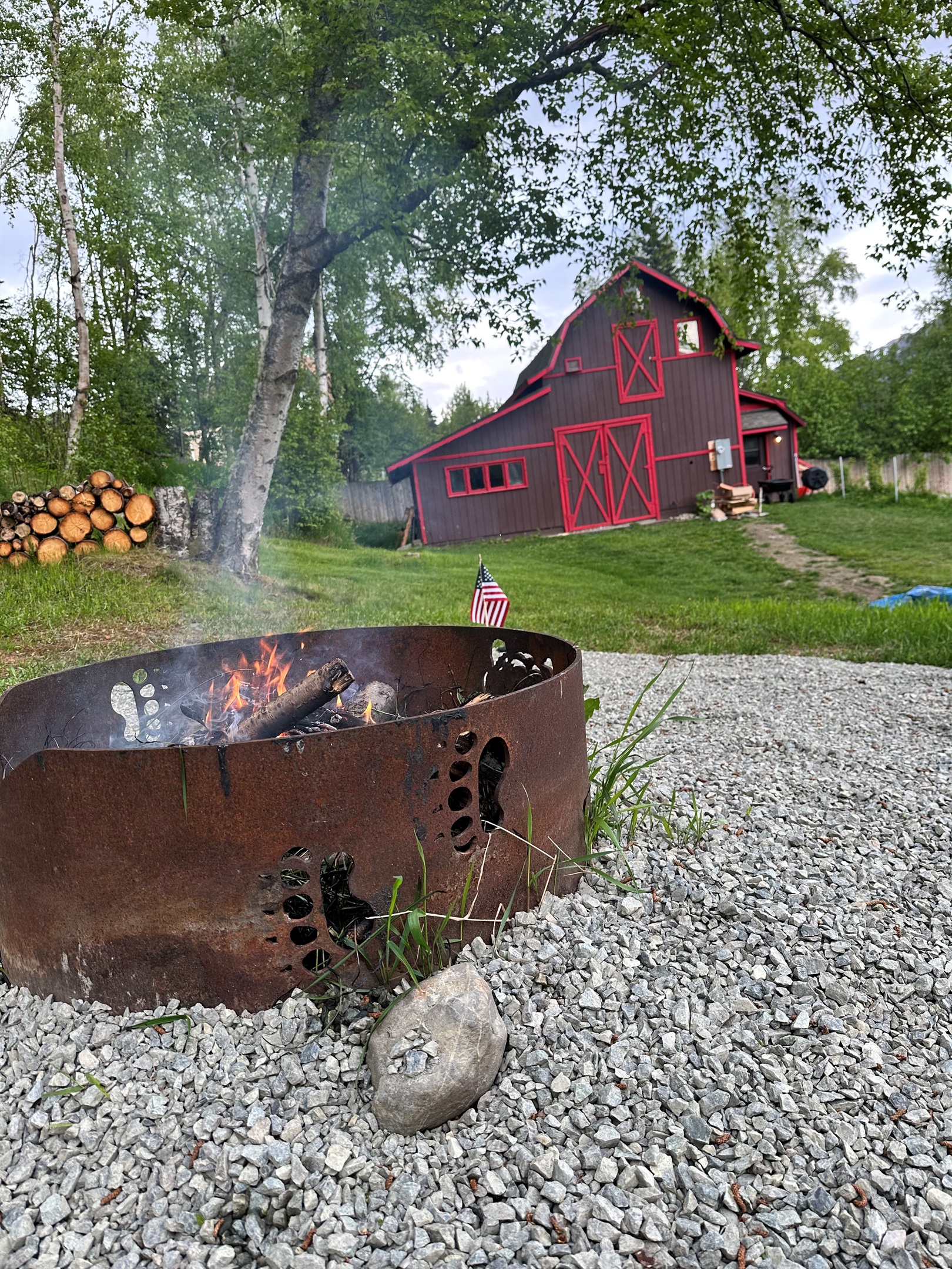 View of the  Chugiak mountains while sitting at the fire pit 