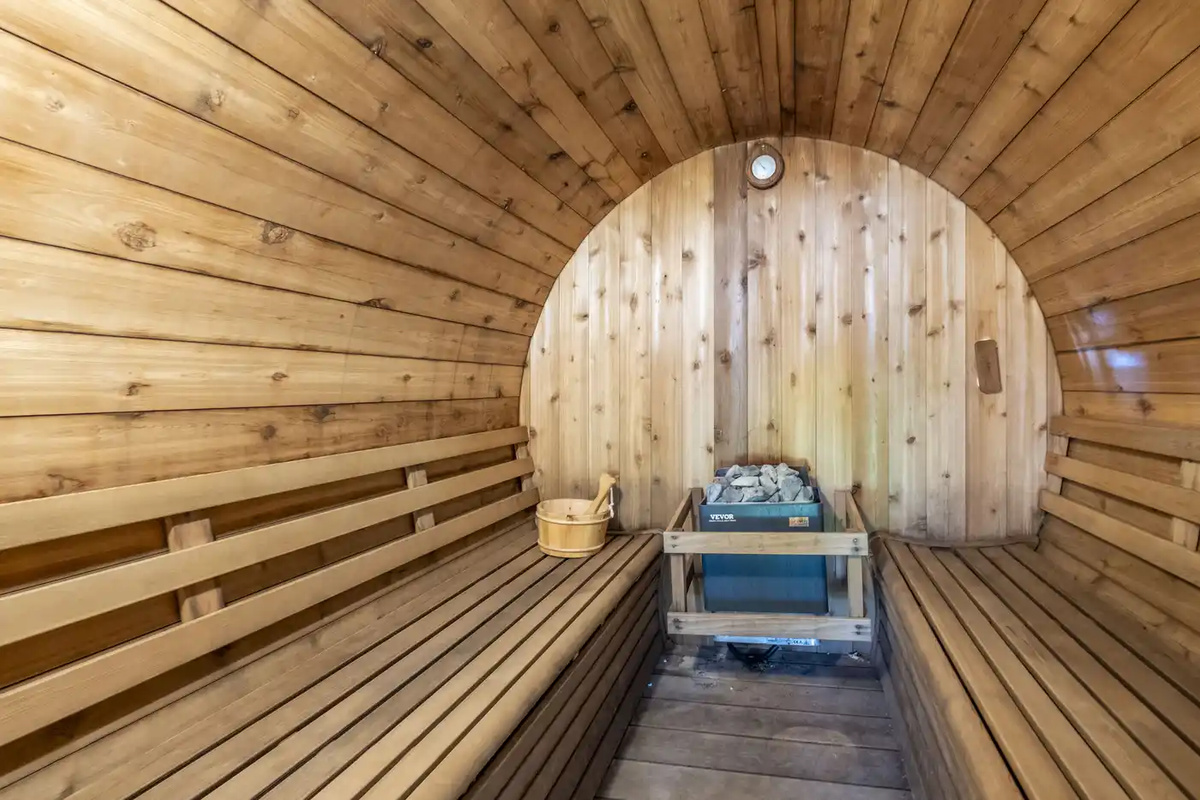 Interior view of the private barrel sauna