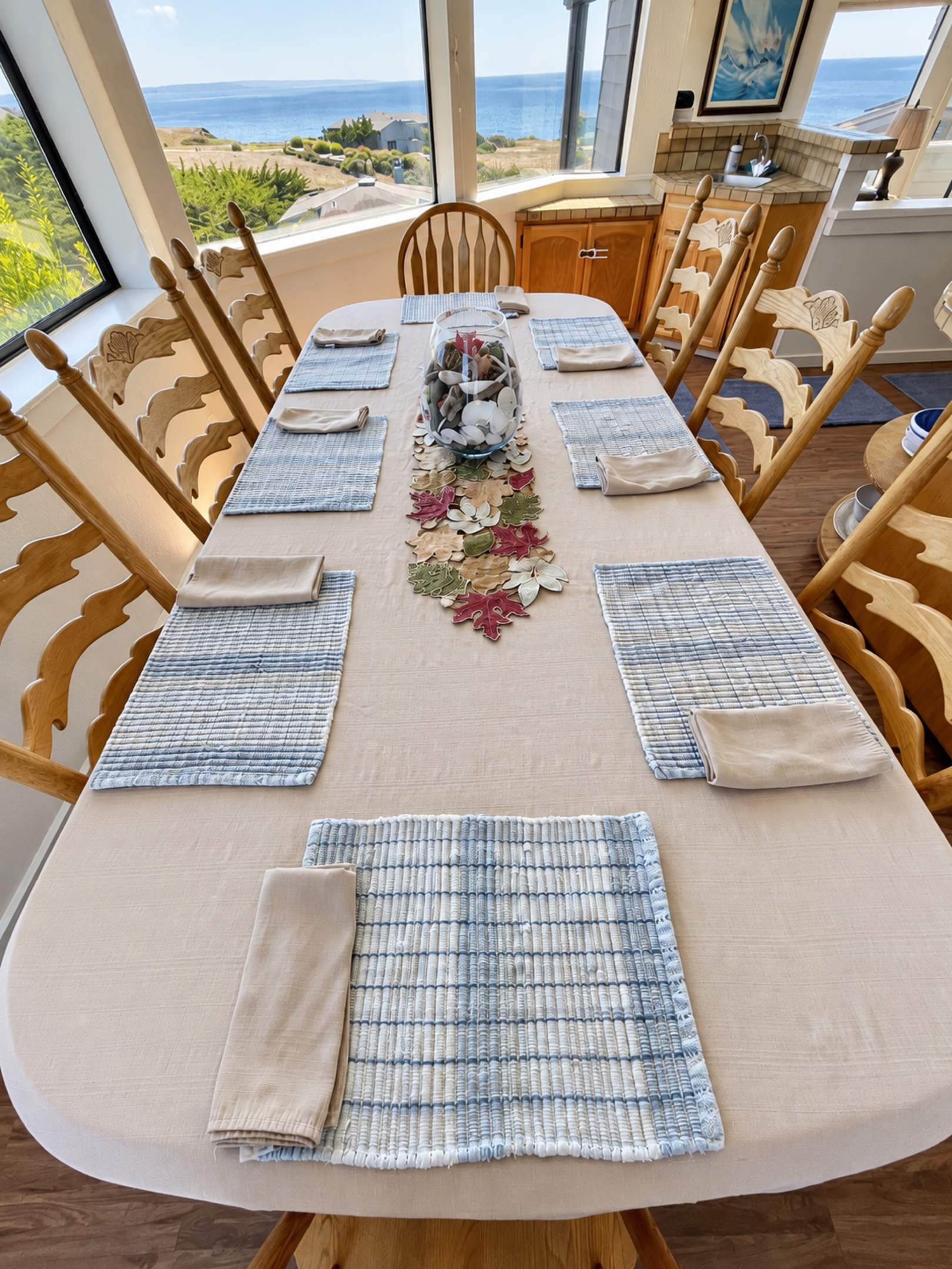 Dining Table seats 8-10. Dining area off Kitchen faces Ocean views to South and 8th Fairway to East.