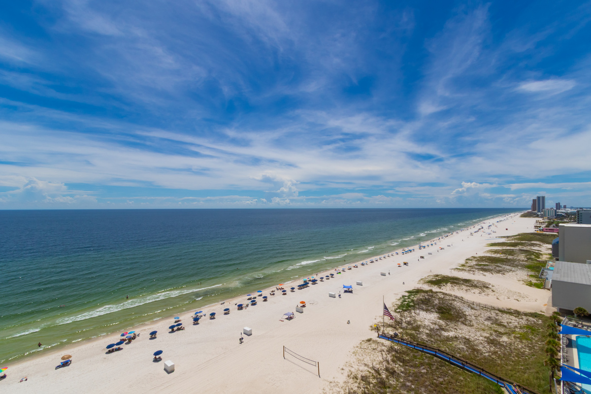 Sweeping westward view of the white-sand beach and Gulf.
