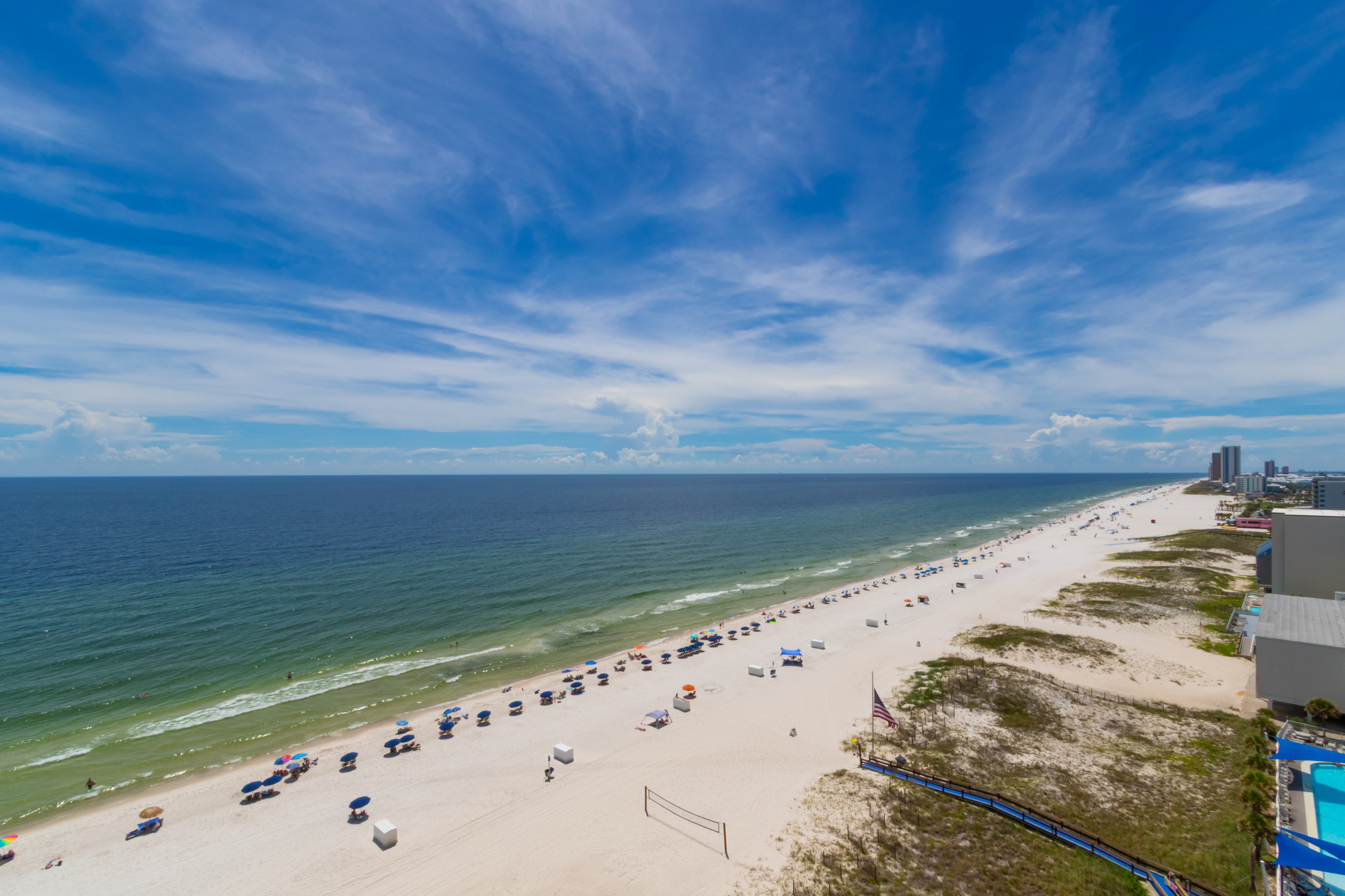 Sweeping westward view of the white-sand beach and Gulf.
