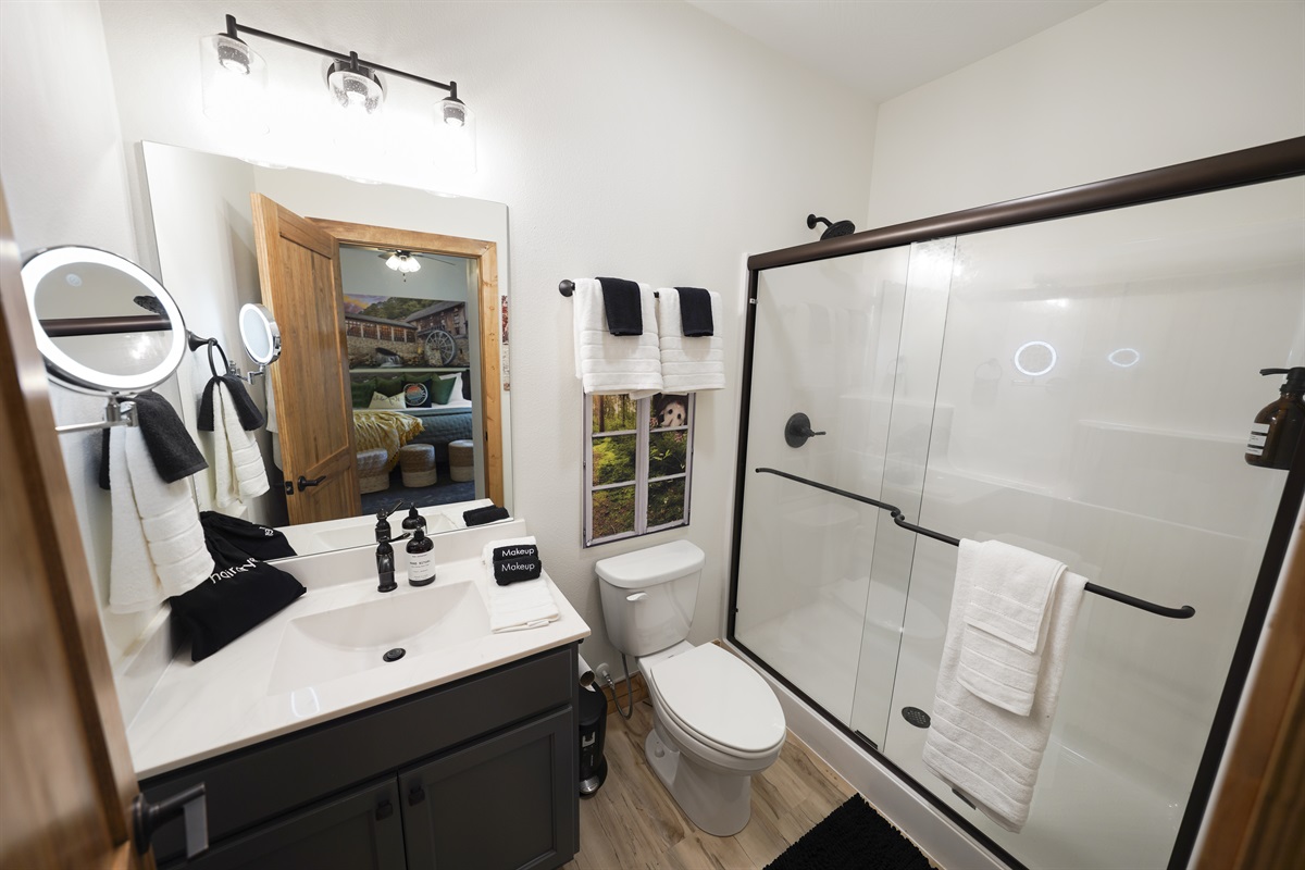 Dogwood Canyon bathroom with walk-in shower, a lighted makeup mirror and a furry friend watching!