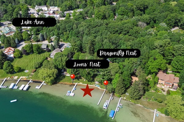Host your family reunion at The Lake Ann Retreat — where The Dragonfly Nest + The Loons’ Nest combine to sleep up to 24 guests and offer 200’ of sandy lakefront. Two homes, one unforgettable destination. Make memories to last a lifetime!