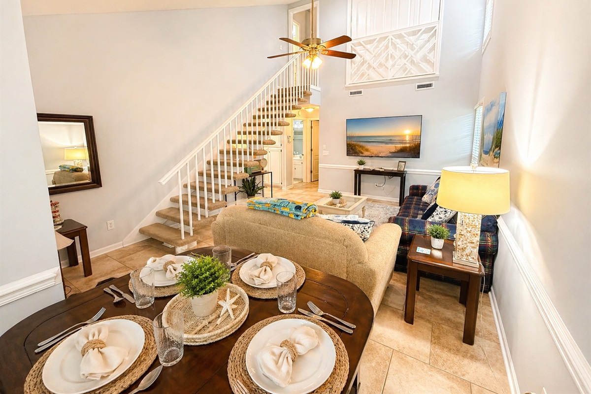 Living room with vaulted ceilings