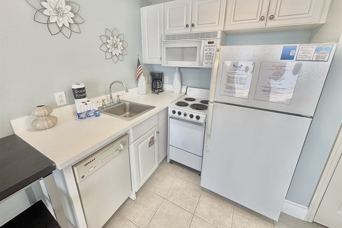 Kitchen equipped with a microwave, stove, fridge, and dishwasher!