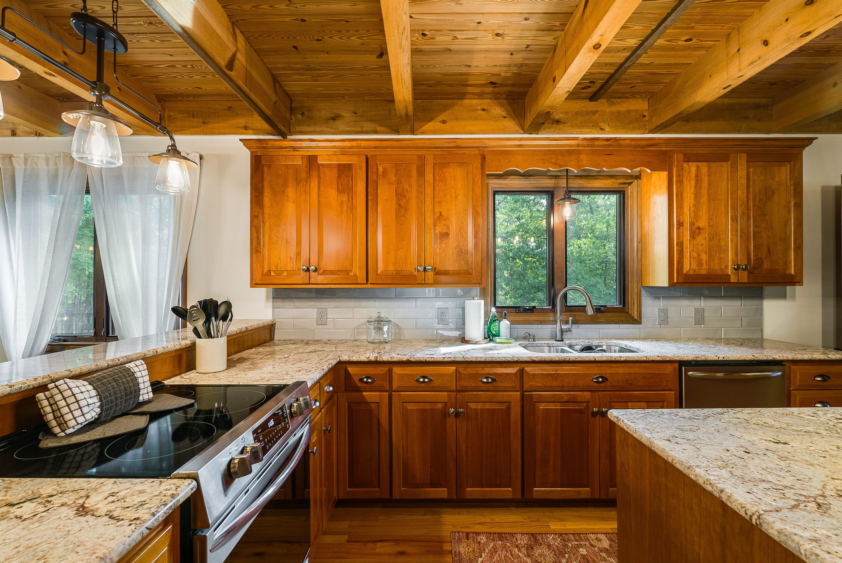 Modern kitchen stocked with essentials for family meals & late-night snacks