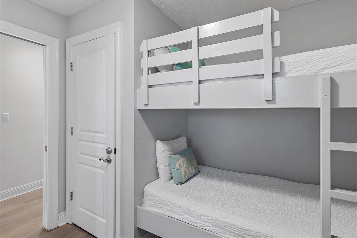 Bedroom 3: Twin Bunk Beds, Smart TV, Access to Bedroom 2 Bathroom via hallway door (Sleeps 2)