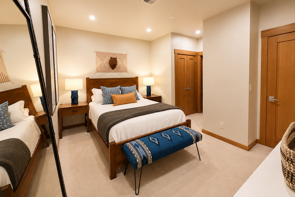 Comfortable luxury meets timeless design in this spacious bedroom retreat.