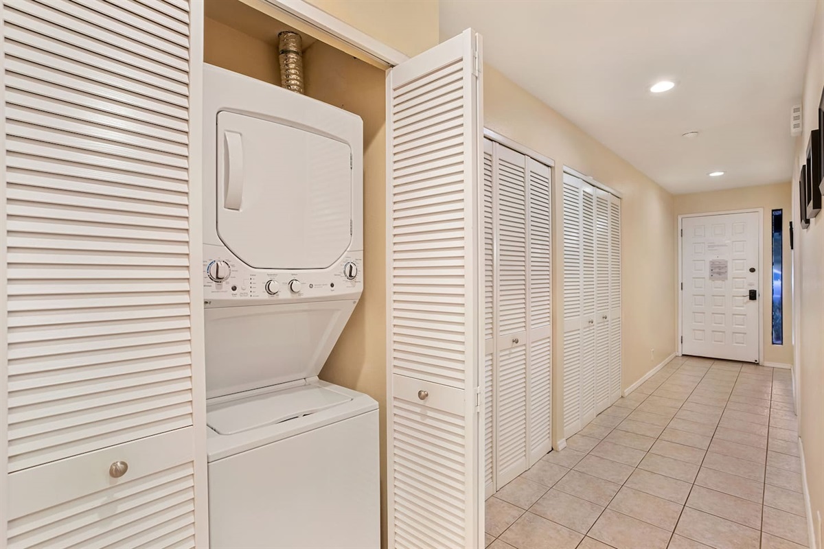 Your in-suite laundry and lots of hall storage. We supply laundry soap and fabric softener