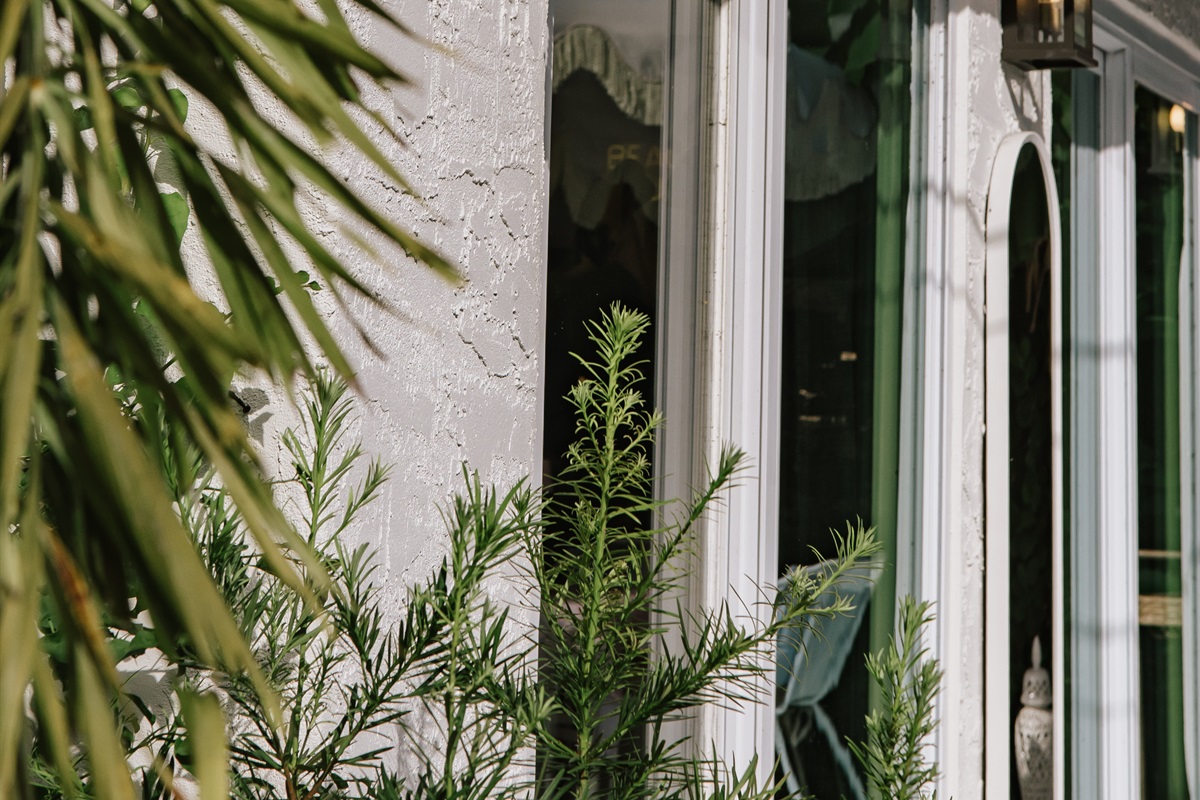 The expansive windows in the rear of the main house simultaneously lets in plenty of natural light while giving an expansive view of the lush garden and patio.