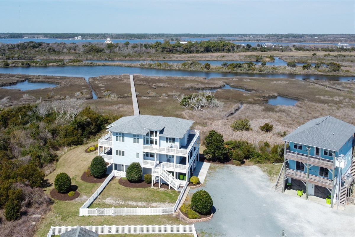 Full aerial view of the home marsh and private dock walkway