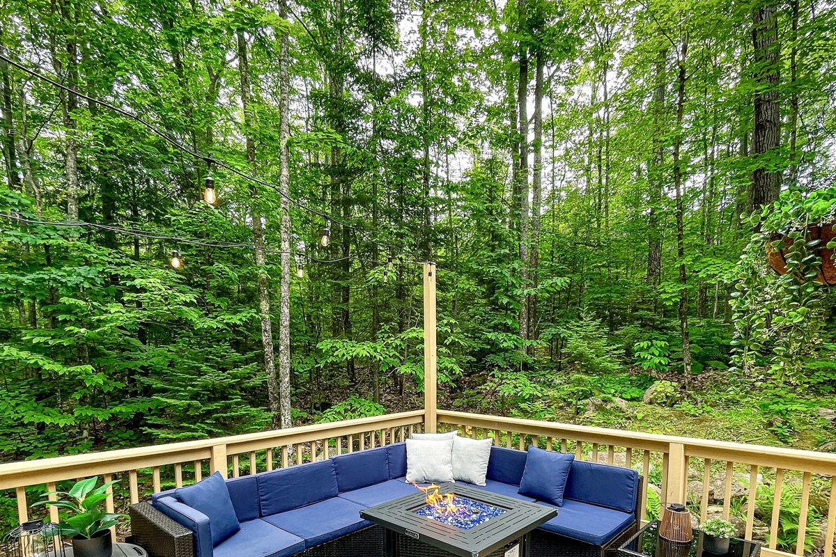Outdoor couch and propane fireplace wooded views take in the wilderness. Outdoor amenities seasonal mid May- 3rd week of October 