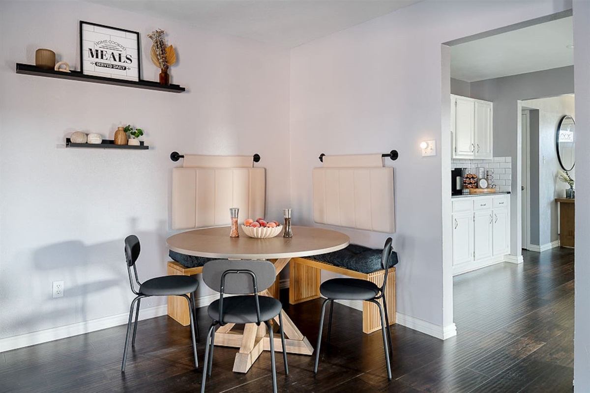 Gather around the cozy dining nook for a meal or for your morning coffee