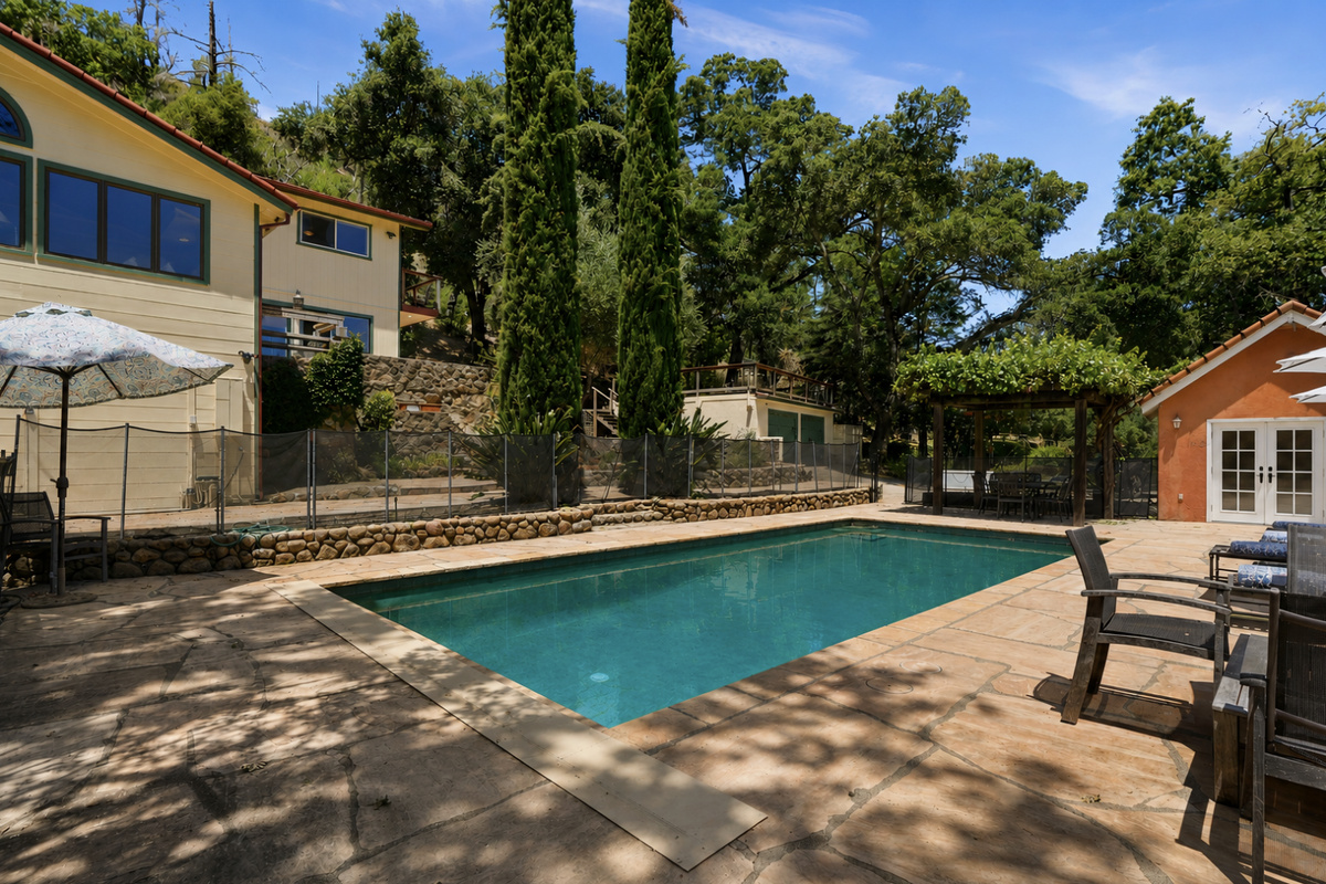 Peaceful pool surrounded by trees