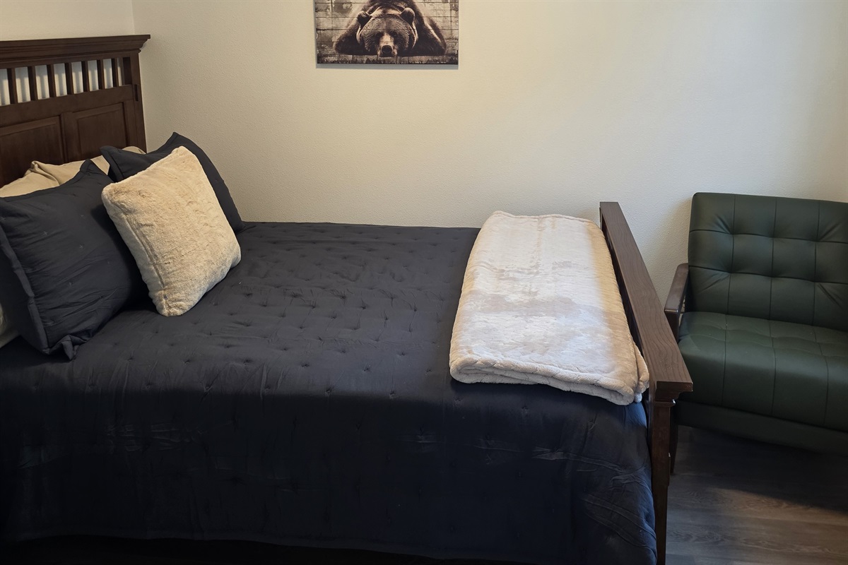 Bedroom on main floor includes a Queen Size Bed with night stand, closet space, chair and TV.
