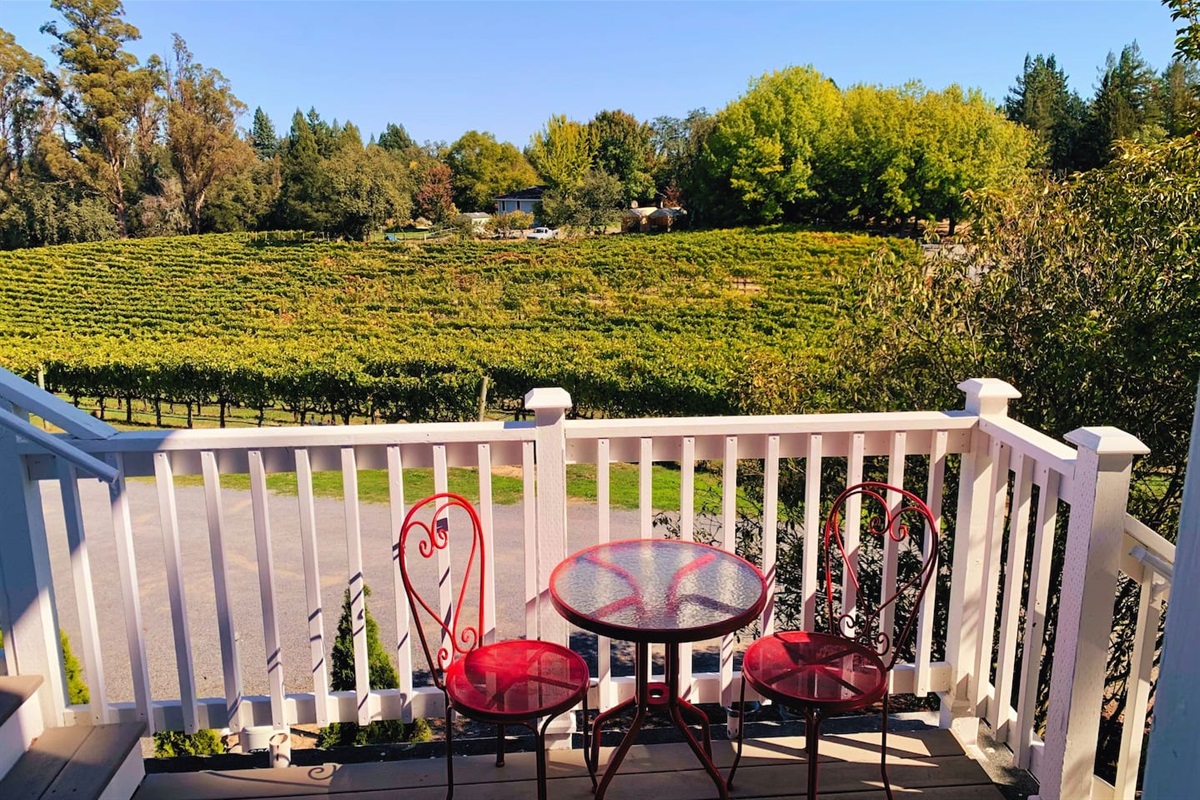 Start your day with a hot cup of coffee and stunning vineyard scenery.