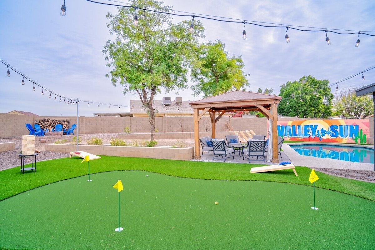 Giant Jenga, putting green, corn hole, fire pit, gazebo, fabulous mural, and that crystal blue swimming pool. Bet you can't wait to get here! 