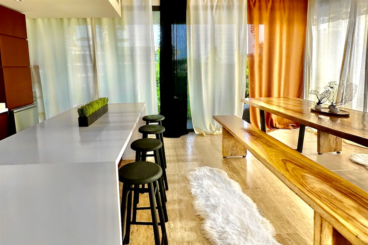 Kitchen and Dining Room with drapes closed 
