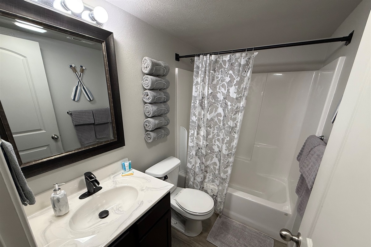 guest bathroom with closet behind door