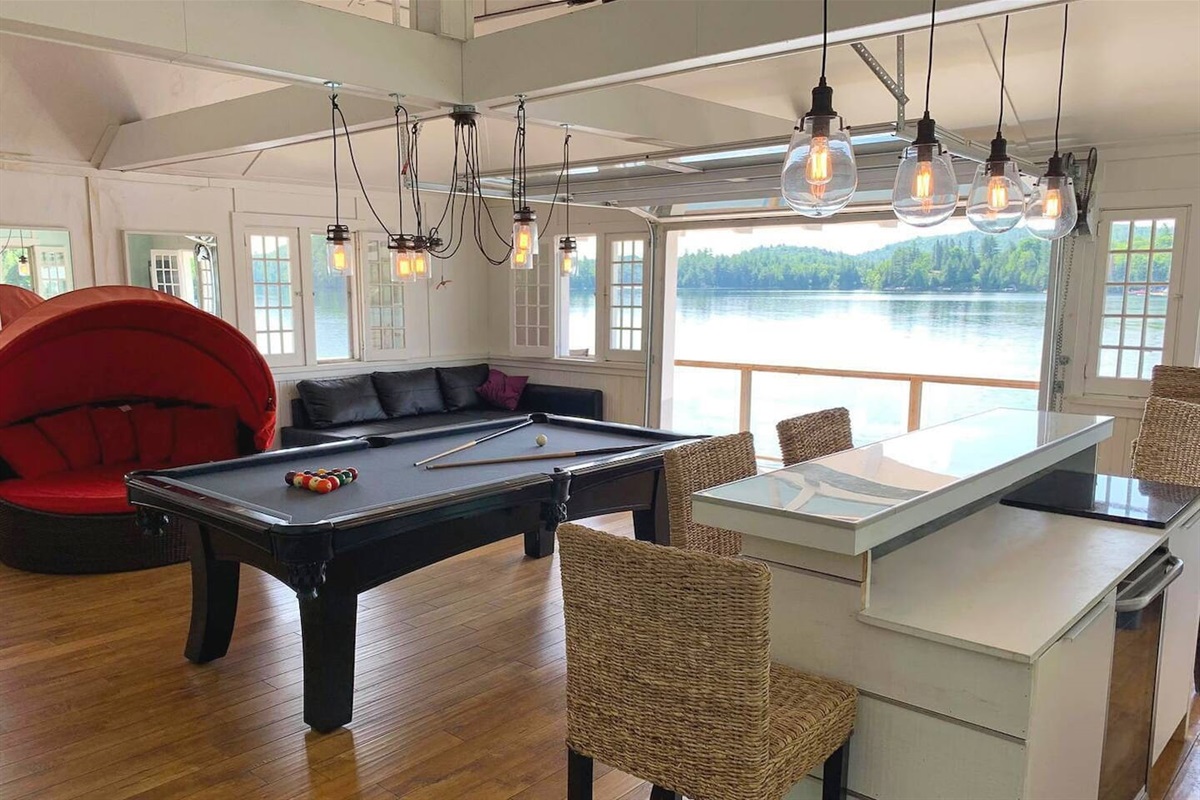 Boathouse with pool table, bar and TV