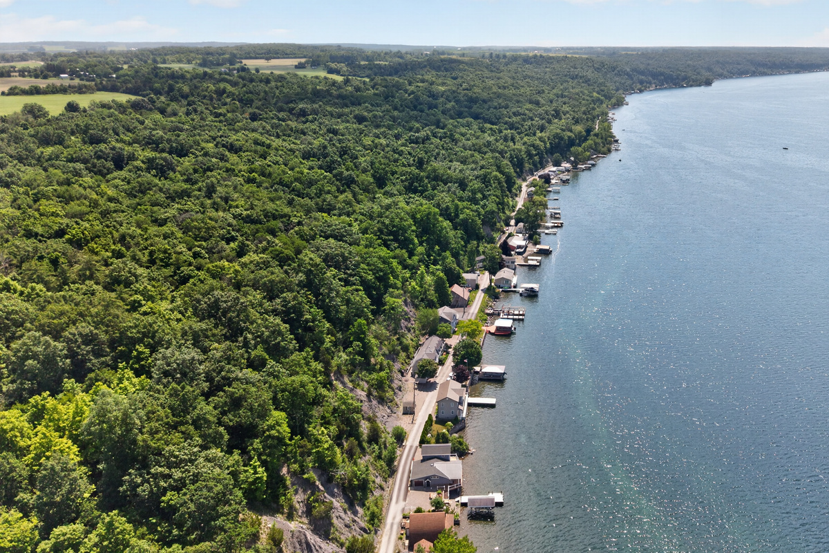 Wide aerial view across the wooded bay