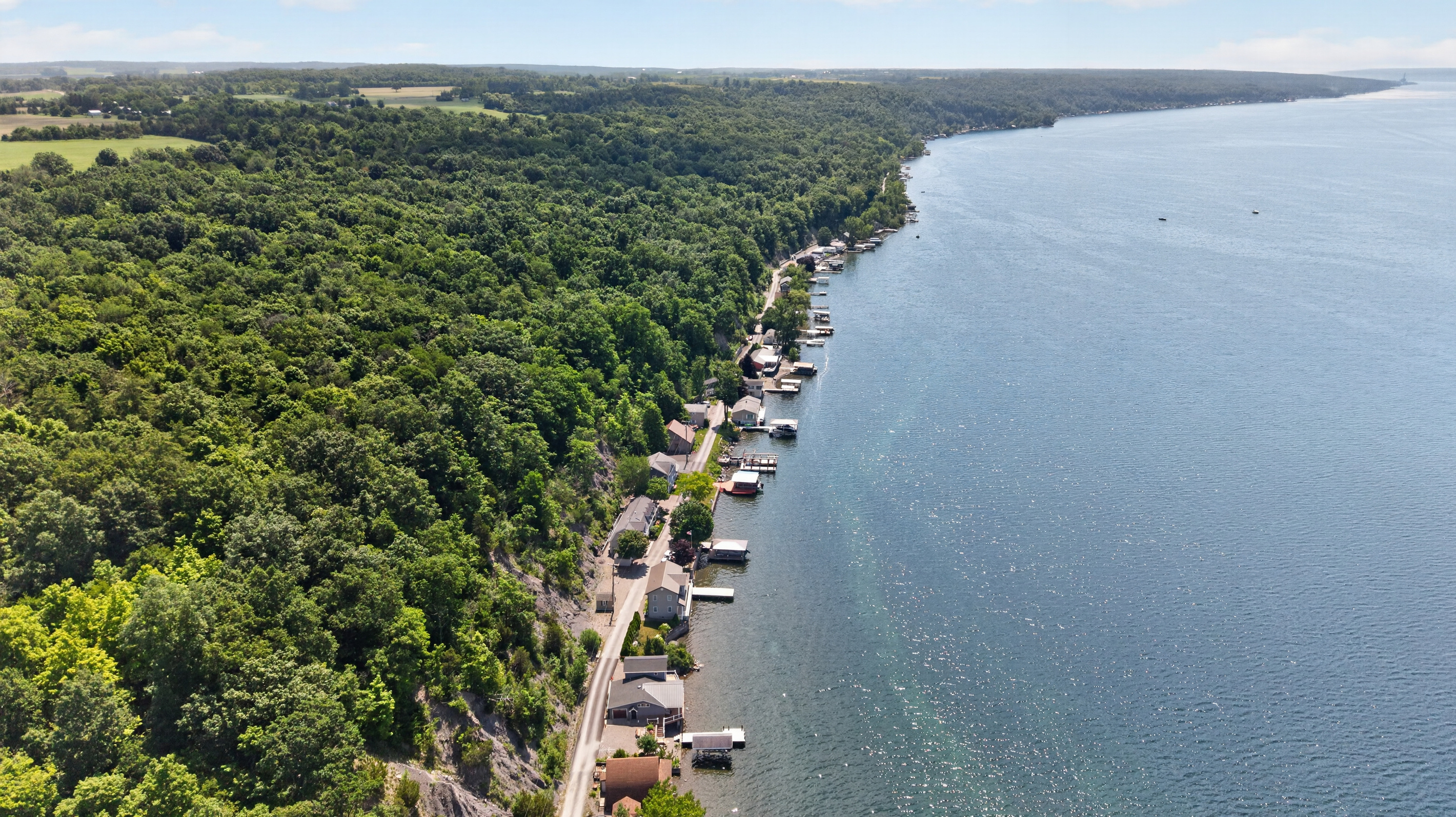 Wide aerial view across the wooded bay