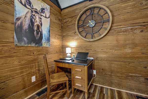 Catch up on work in your cozy nook—warm wood walls, a quiet desk, high-speed internet, and a peaceful space designed for you to focus and make it yours.