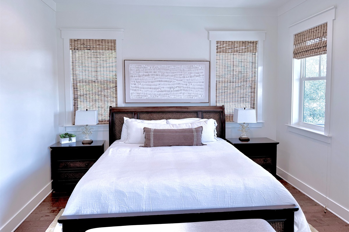 Spacious master bedroom with porch, desk area, walk-in closet and shower