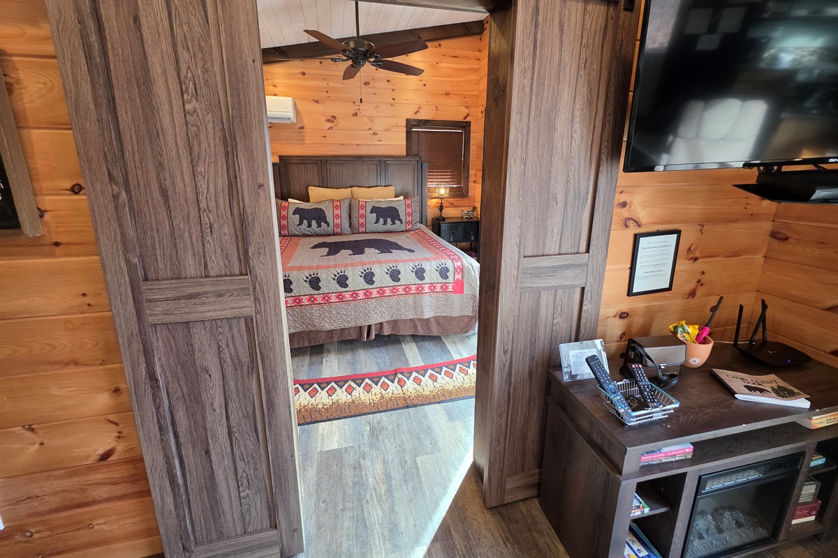 Barn doors into the bedroom