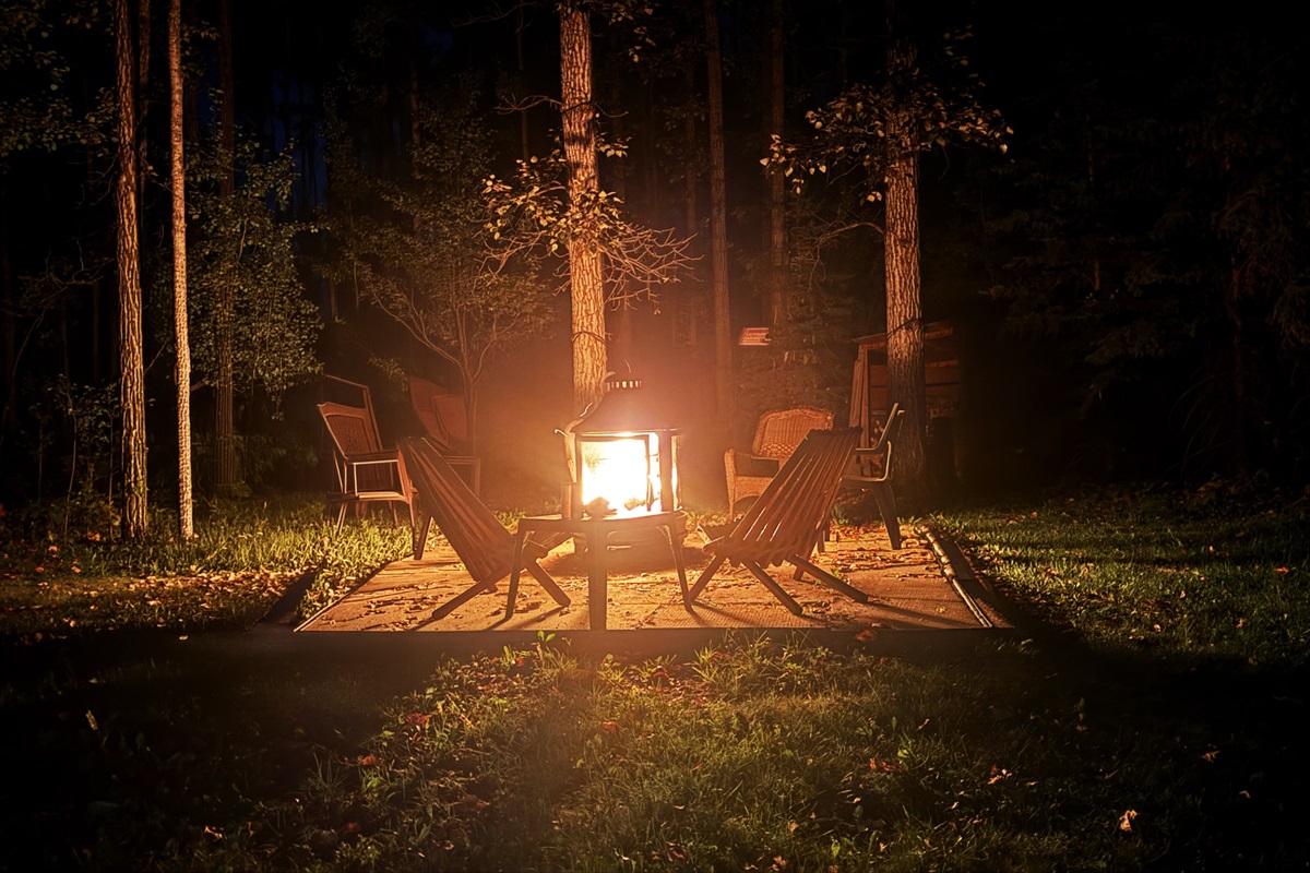 Outdoor firepit area surrounded by trees — perfect for evening fires
