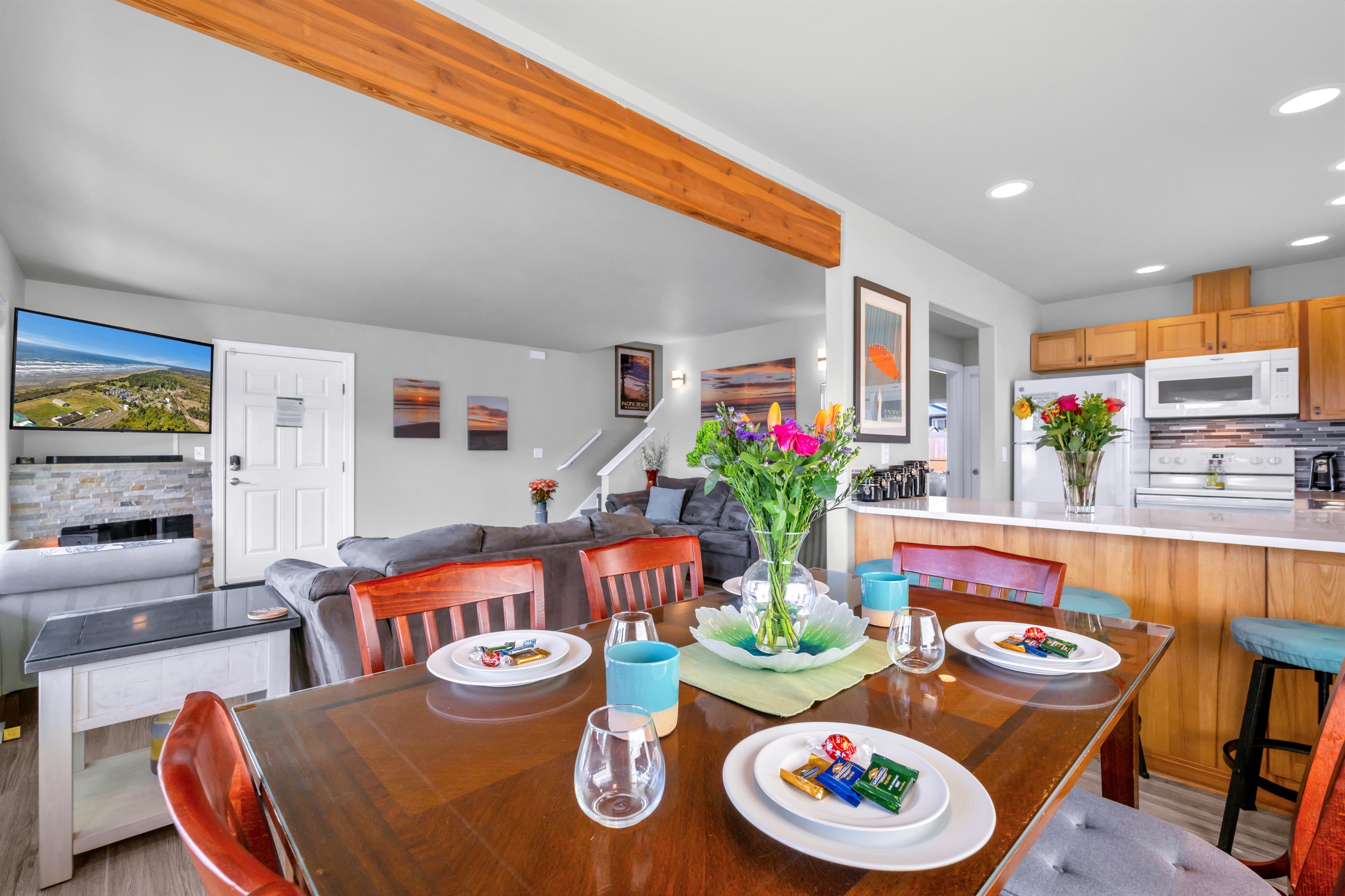 Gather with family and friends in the heart of the home with views of the herb garden and setting sun.