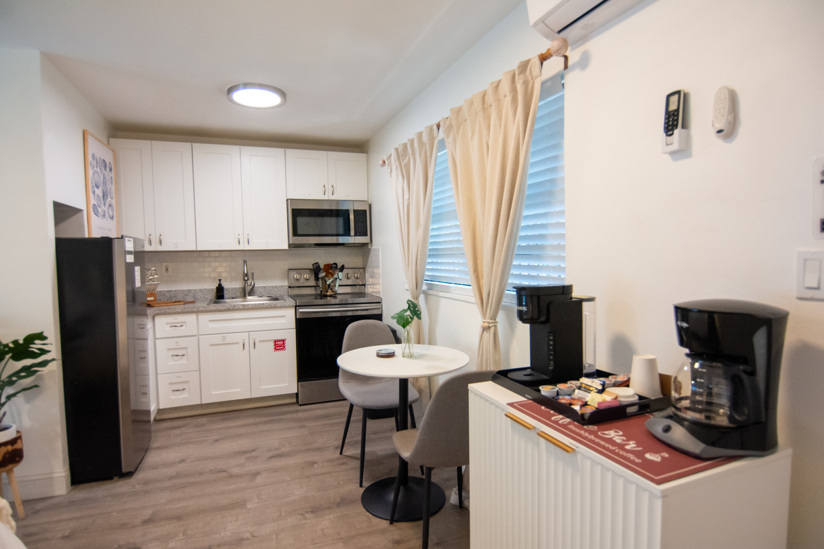 Coffee station with coffee maker and full-size fridge