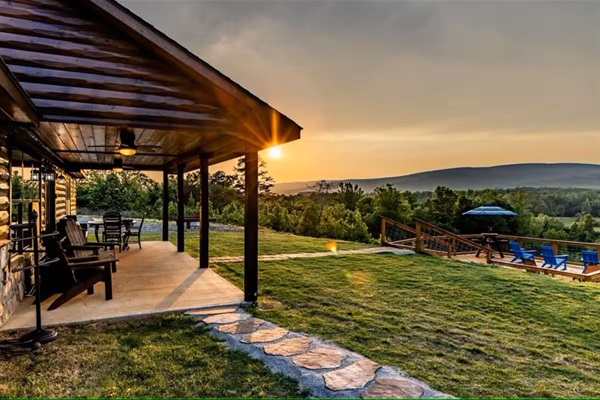 Covered back patio at sunset—golden hour views over the valley.