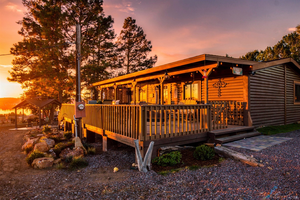 Patio sunsets/evening. Photo taken in spring. Winter time the plants will not be full green and deer often eat them. 