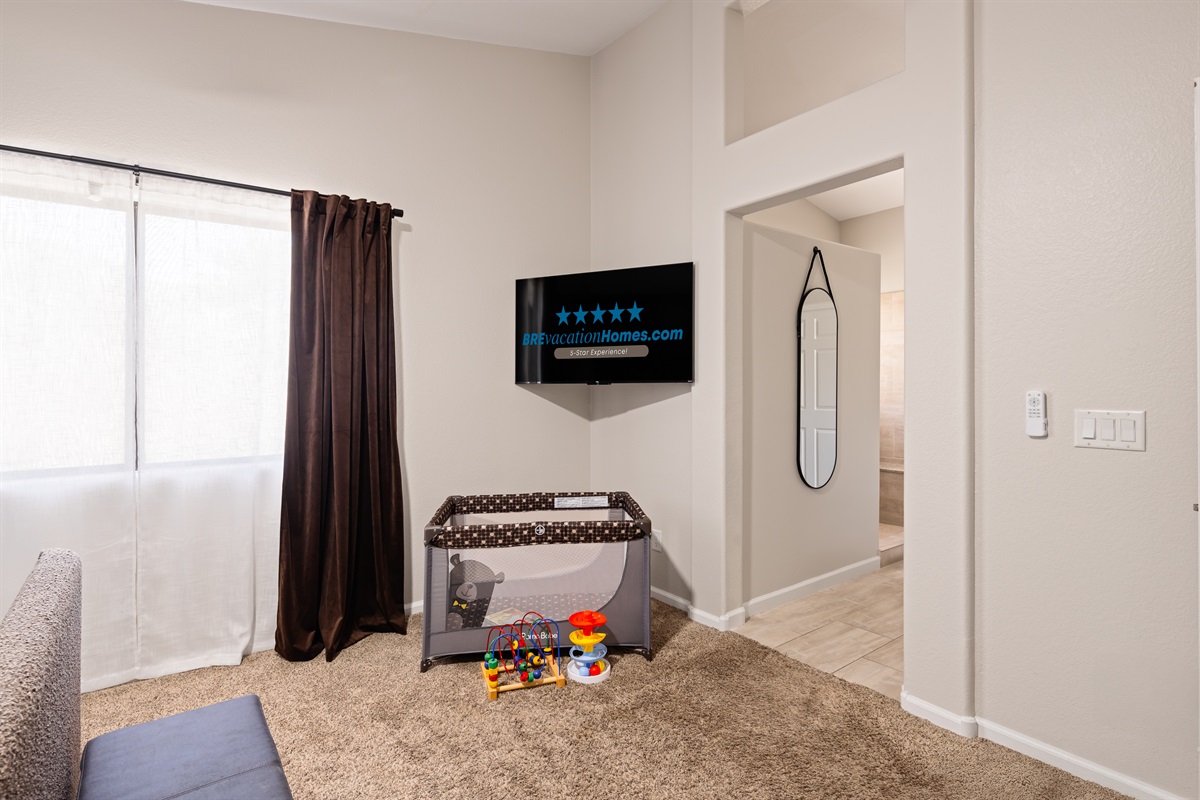 Primary Bedroom: Free baby package, new TV
