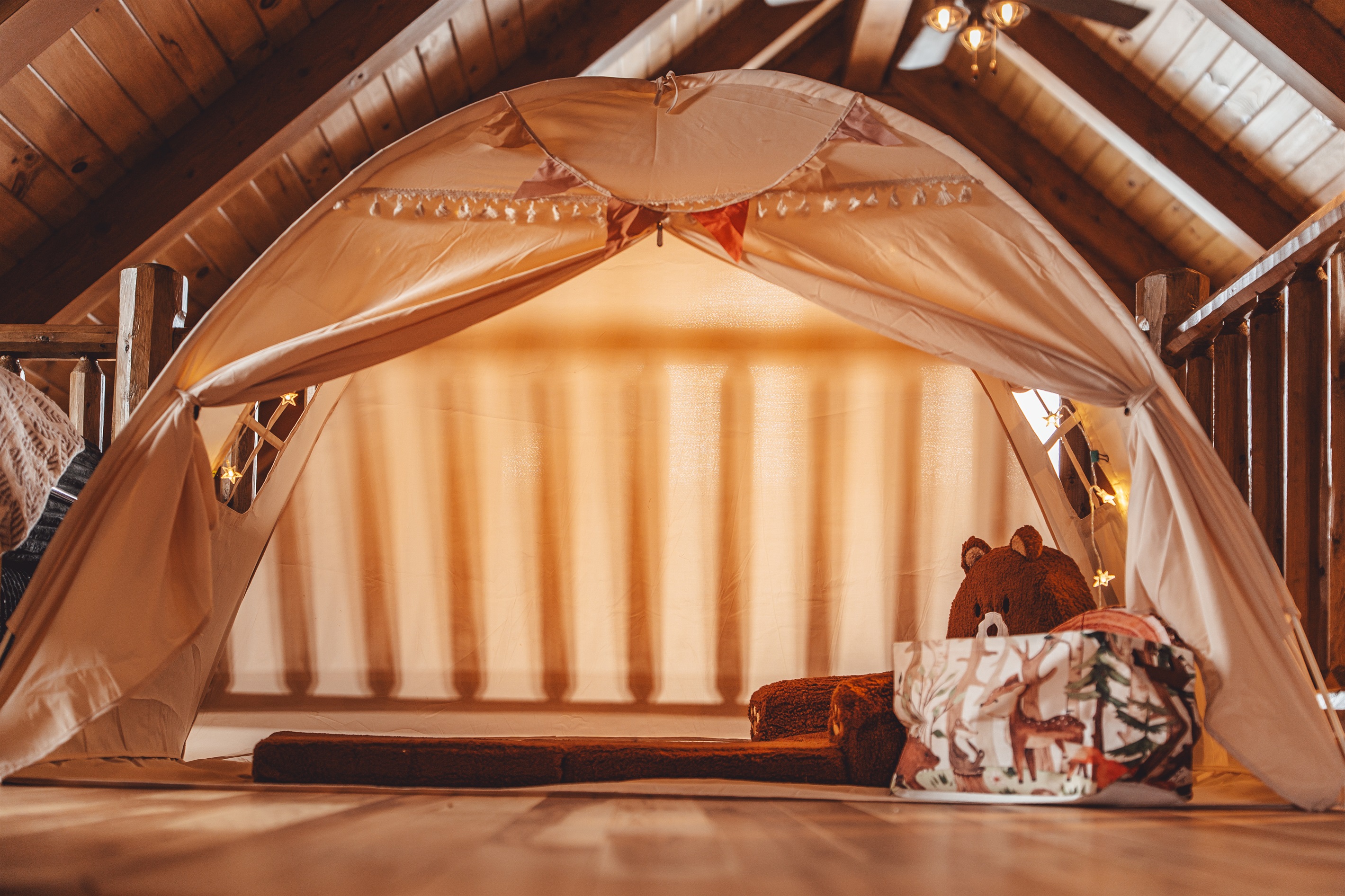 Little Ones Will Love Pretend Camping in the Play Tent Equipped with Toy Campfire Set and Bear Lounger