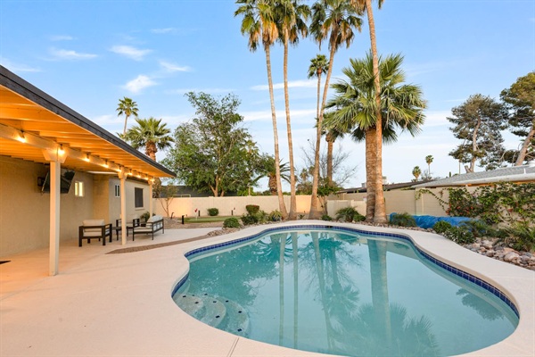 Private pool surrounded by palm trees and outdoor seating