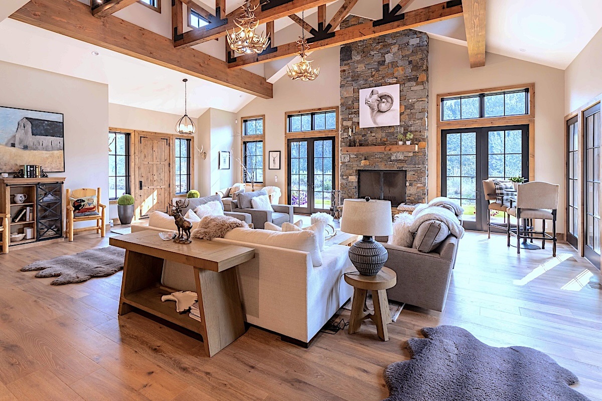 Living Area with cathedral ceilings and wood burning fireplace