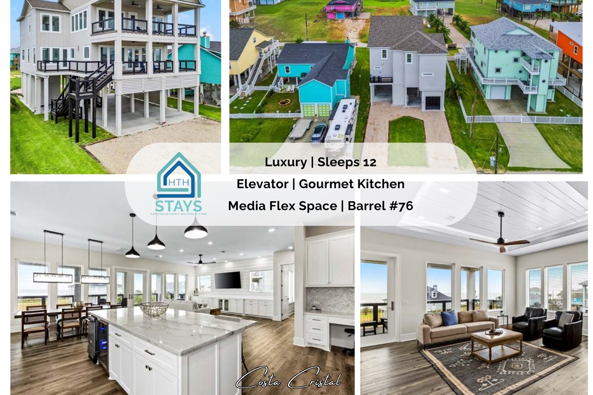 Costa Cristal Exterior: Experience a luxurious beach house with a private elevator, gourmet kitchen, and flexible media space perfect for relaxing or entertaining.