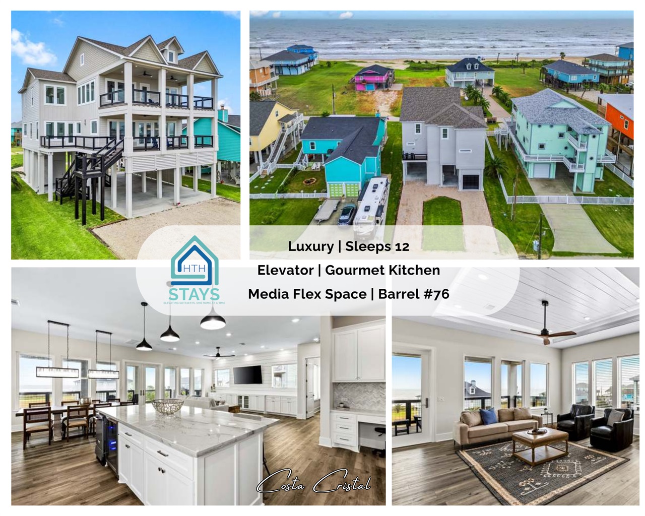 Costa Cristal Exterior: Experience a luxurious beach house with a private elevator, gourmet kitchen, and flexible media space perfect for relaxing or entertaining.