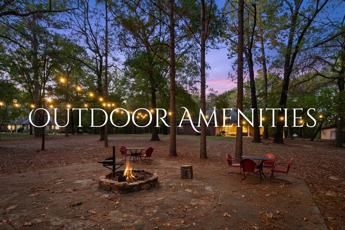 Outdoor amenities include a firepit, grill, and cozy gathering area.