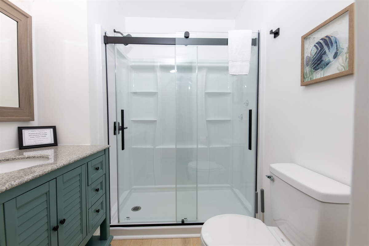 Large walk-in shower with tons of shelves. Lots of storage in the vanity too!