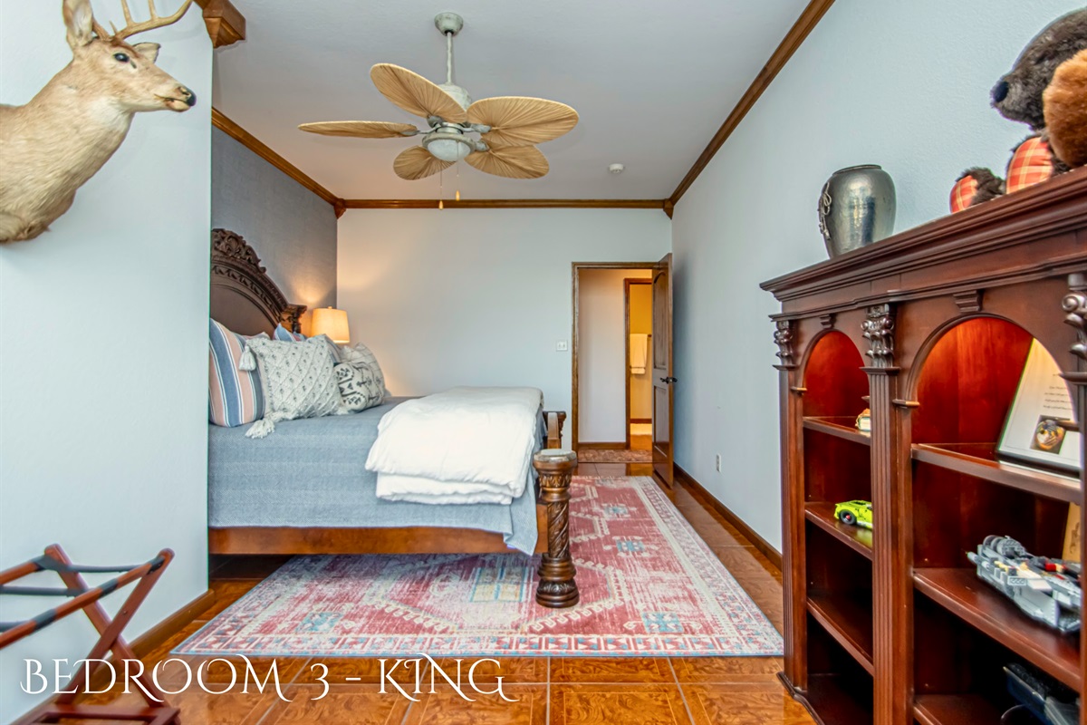 Third Bedroom with King Size Bed and Cool Tones with Warm Wood Accents