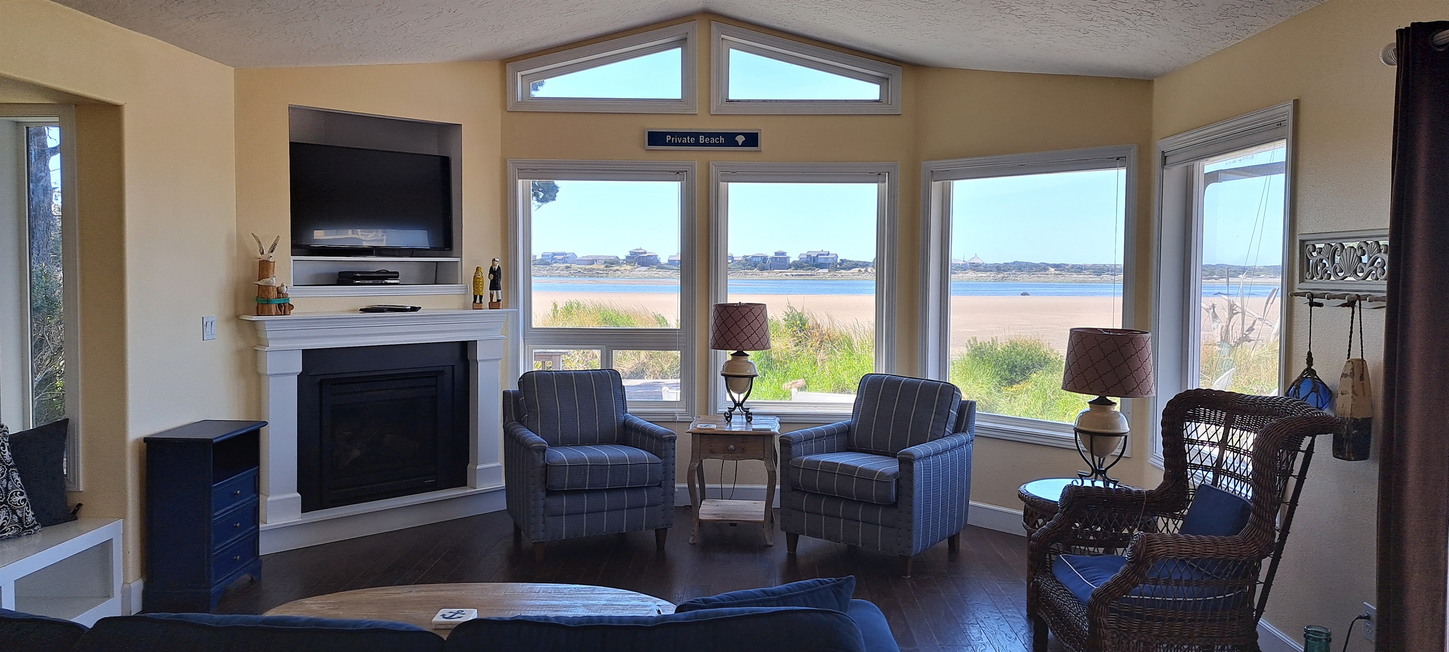 Unwind by the fireplace while streaming your favorite movies on the Roku Smart TV.