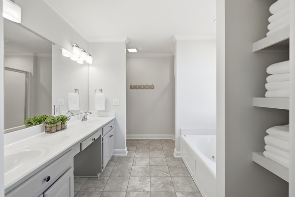 A spacious primary bath with double vanity and plenty of room to get ready.