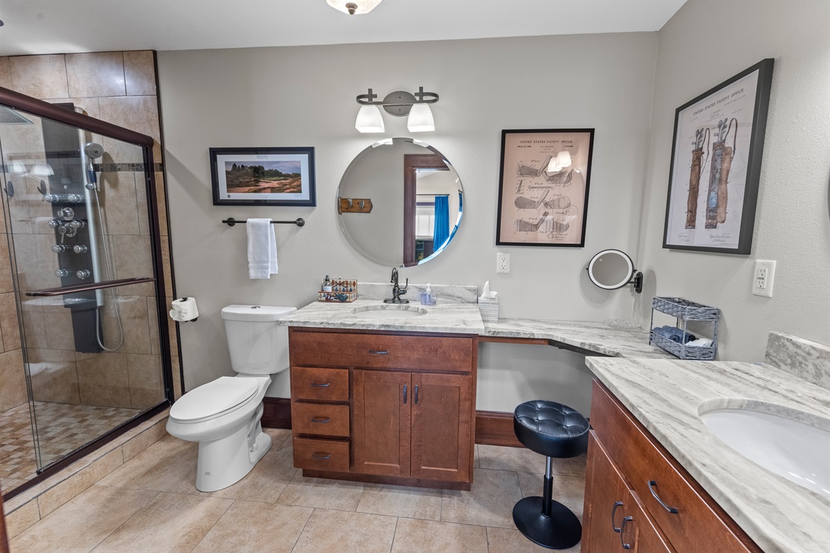 Dual vanity in master bathroom.