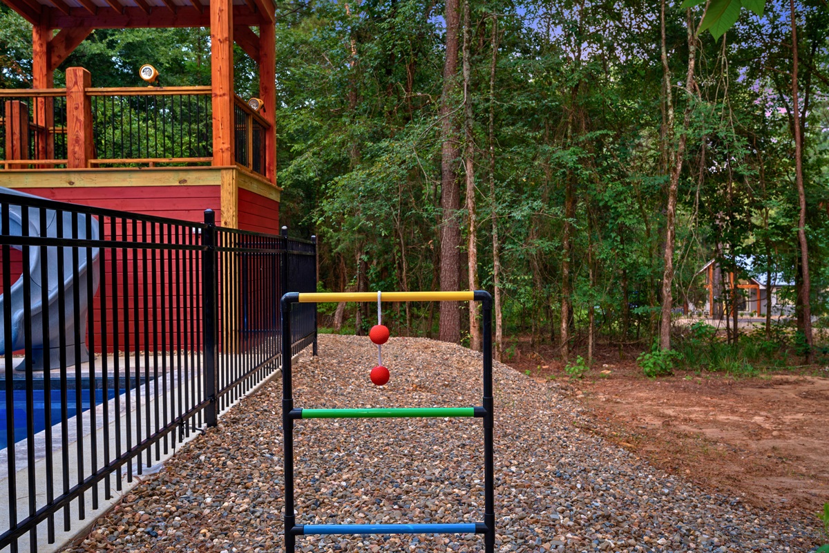 Mini games, big memories. Outdoor playtime just got better with this charming backyard setup.